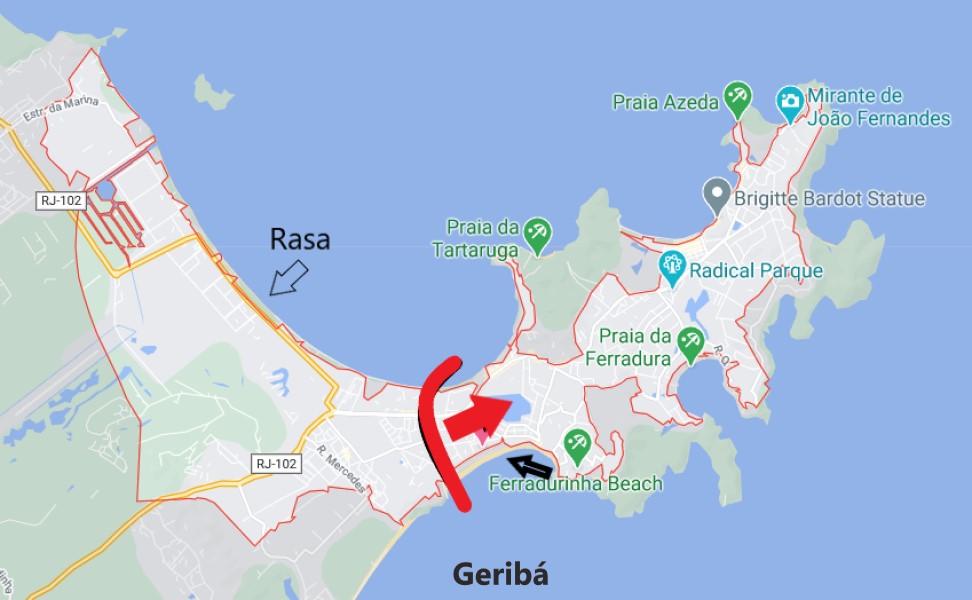 Mapa da cidade de Búzios delimitando onde fica a praia de Geribá