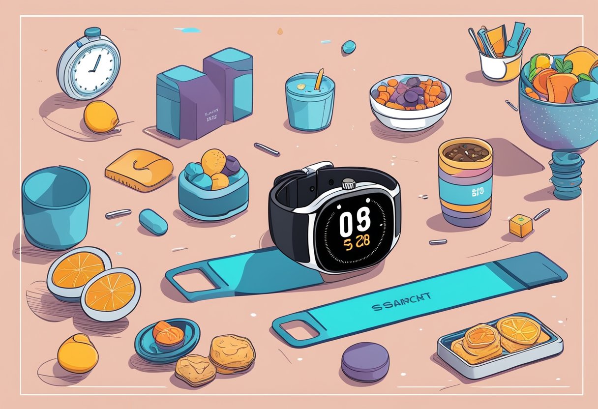 A smartwatch displaying fitness tracking data, surrounded by workout equipment and healthy snacks, with a motivational quote on a nearby poster